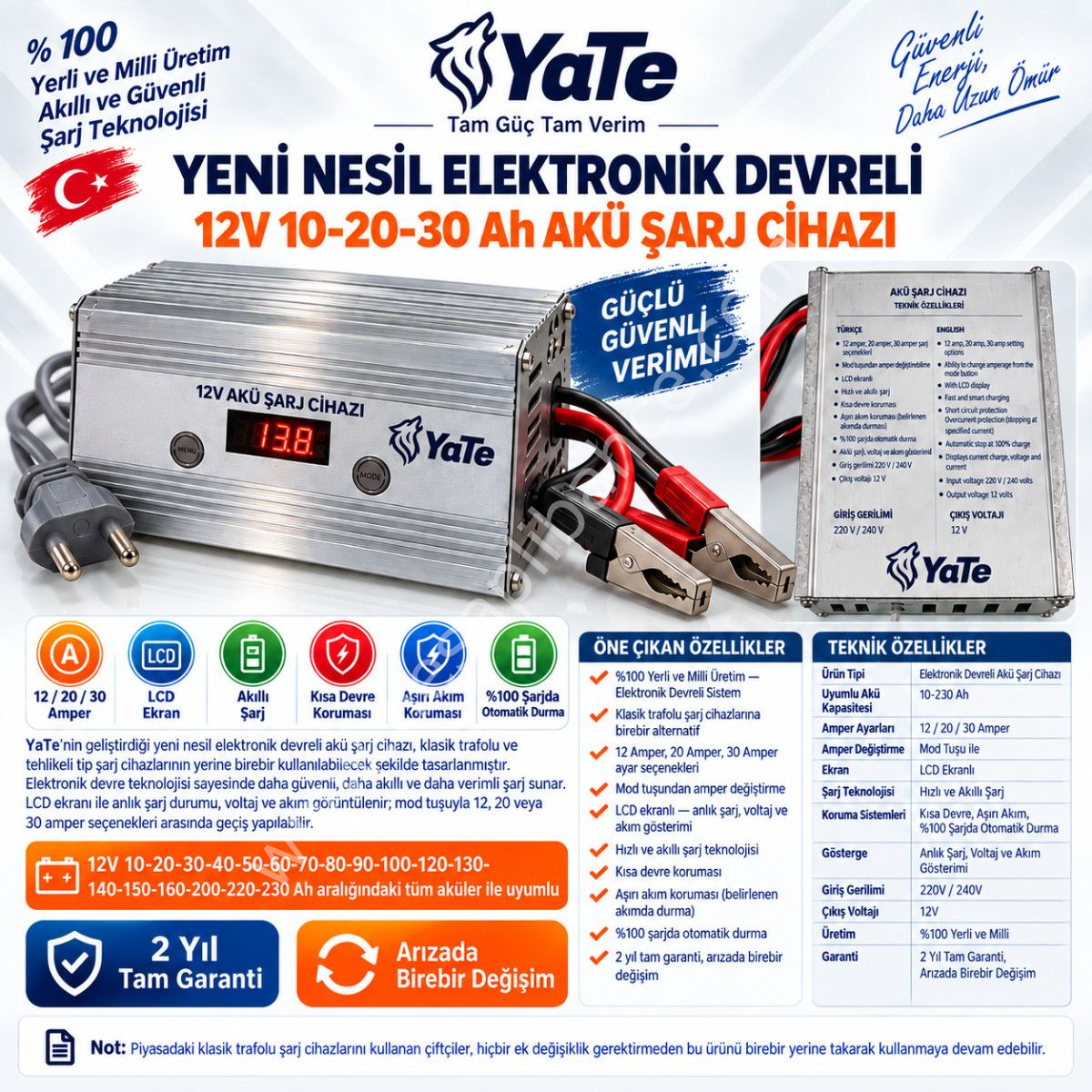 Yate Hızlı Akü Şarj Cihazı 10-20-30 Ah Akü